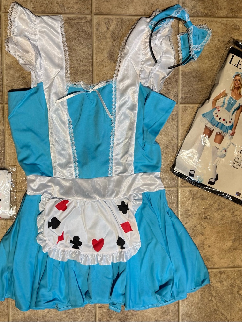 Alice-Inspired Blue Women's Halloween Costume with Card-Suit Apron